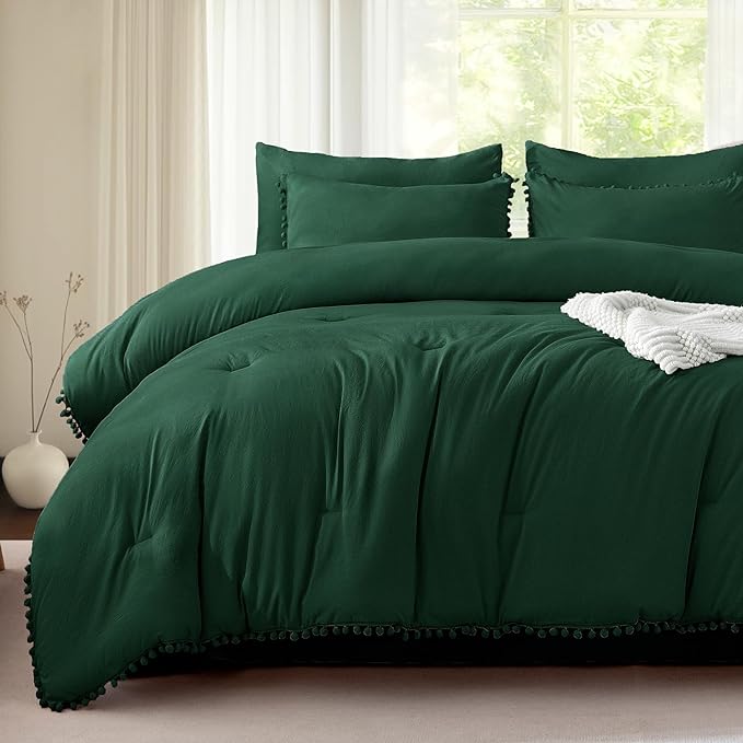 Litanika King Size Comforter Set Dark Green,3 Pieces Dark Green Boho Pom Pom Lightweight Bed Comforter, All Season Soft Solid Color Bedding Comforter Sets (1 Comforter 104x90 Inch, 2 Pillowcases) - LeafyLoom