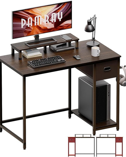 Pamray 39 Inch Computer Desk with Monitor Stand Small Home Office Desks with Non-woven Storage Drawer for Bedroom Study Table Writing and Work Desk Deep Brown - LeafyLoom