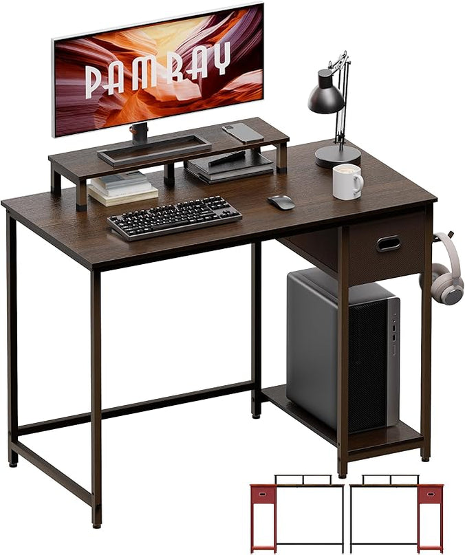 Pamray 39 Inch Computer Desk with Monitor Stand Small Home Office Desks with Non-woven Storage Drawer for Bedroom Study Table Writing and Work Desk Deep Brown - LeafyLoom