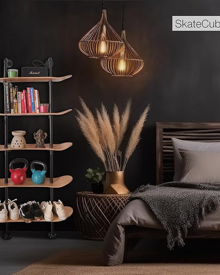 Industrial Shelves - 5 Tier Industrial Decor Pipe Bookcase Using 7 Ply Skateboard Decks - Natural Wood Stain Finish - Bathroom Wall Decor, Living Room Furniture, Book Shelf for Skateboard Enthusiasts - LeafyLoom