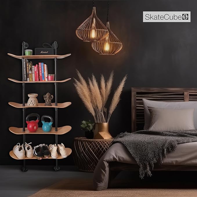 Industrial Shelves - 5 Tier Industrial Decor Pipe Bookcase Using 7 Ply Skateboard Decks - Natural Wood Stain Finish - Bathroom Wall Decor, Living Room Furniture, Book Shelf for Skateboard Enthusiasts - LeafyLoom