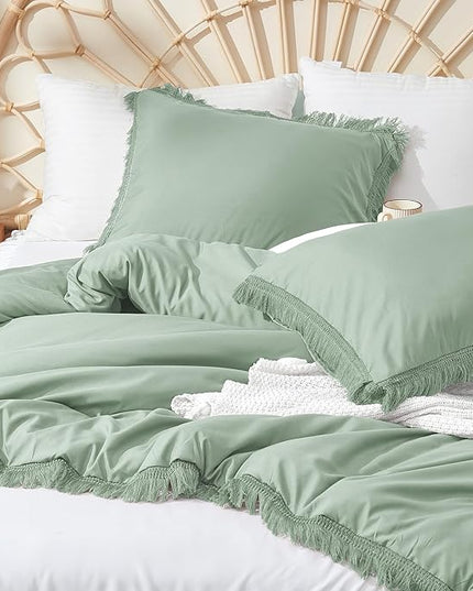 Litanika Sage Green Comforter Queen Set, Boho Tassel Comforter Aesthetic 3 Pieces, Lightweight Fringe Microfiber Bedding Set for All Season(1 Comforter 90x90 inch, 2 Pillowcases) - LeafyLoom