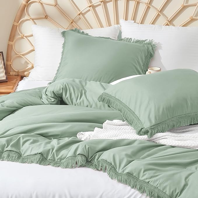 Litanika Sage Green Comforter Queen Set, Boho Tassel Comforter Aesthetic 3 Pieces, Lightweight Fringe Microfiber Bedding Set for All Season(1 Comforter 90x90 inch, 2 Pillowcases) - LeafyLoom