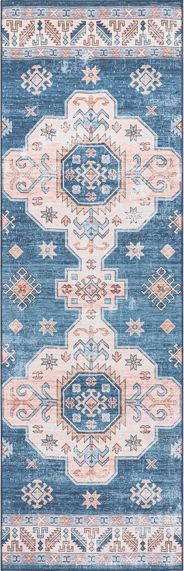 nuLOOM Norma Machine Washable Traditional Medallion Ultra Thin Runner Rug, 2' 6" x 8', Blue - LeafyLoom