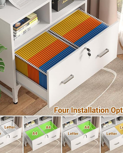Homieasy File Cabinet with Charging Station, Vertical Filing Cabinet with Lock & Large Drawer, Printer Stand with Storage Shelves, Office Storage Cabinet fits Letter/A4/Legal Size, White - LeafyLoom