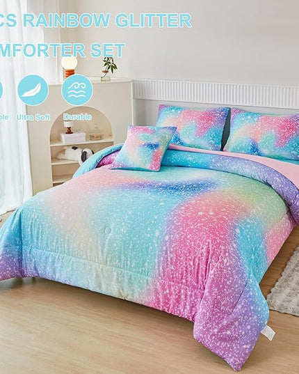PERFEMET Full Size Comforter Sets for Kids Girls 6 Pieces Pink Green Ombre Rainbow Bedding Set Colorful Tie Dye Glitter Teen Girls Bed in A Bag - LeafyLoom
