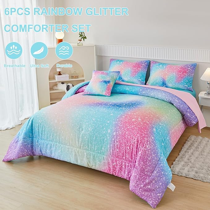 PERFEMET Full Size Comforter Sets for Kids Girls 6 Pieces Pink Green Ombre Rainbow Bedding Set Colorful Tie Dye Glitter Teen Girls Bed in A Bag - LeafyLoom