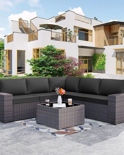 Patio Furniture Set Sofa 6-Pieces Wicker Sectional Sofa Set, Outdoor Furniture Rattan Patio Conversation Set with Thickened Cushion and Glass Coffee Table, Black - LeafyLoom