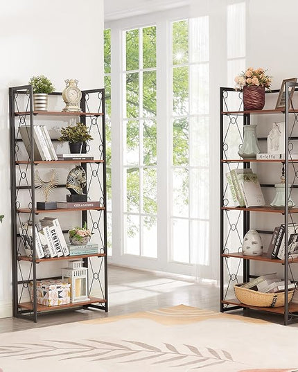 VECELO Folding Bookshelf,5 Tier Bookcase Foldable Easy Assembly, Industrial Book Shelf Storage Organizer with X Metal Frame and Anti-Toppling Design, - LeafyLoom