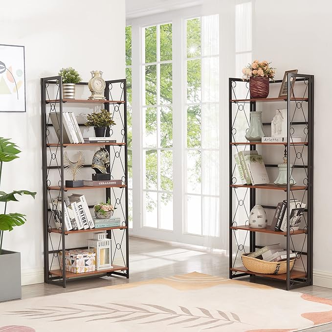 VECELO Folding Bookshelf,5 Tier Bookcase Foldable Easy Assembly, Industrial Book Shelf Storage Organizer with X Metal Frame and Anti-Toppling Design, - LeafyLoom