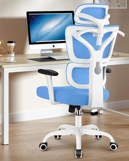 Office Chair Ergonomic Desk Chair, High Back Gaming Chair, Big and Tall Reclining chair Comfy Home Office Desk Chair Lumbar Support Breathable Mesh Computer Chair Adjustable Armrests(Sky Blue) - LeafyLoom