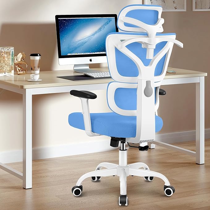 Office Chair Ergonomic Desk Chair, High Back Gaming Chair, Big and Tall Reclining chair Comfy Home Office Desk Chair Lumbar Support Breathable Mesh Computer Chair Adjustable Armrests(Sky Blue) - LeafyLoom