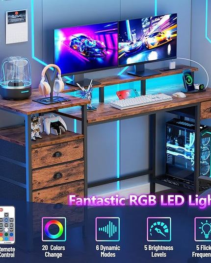 Furologee Computer Desk with Drawers, 60" Office Long Desk with Fabric File Cabinet and Power Outlets, Gaming Desk with LED Lights, Study Writing Work Desk for Home Office, Rustic Brown - LeafyLoom