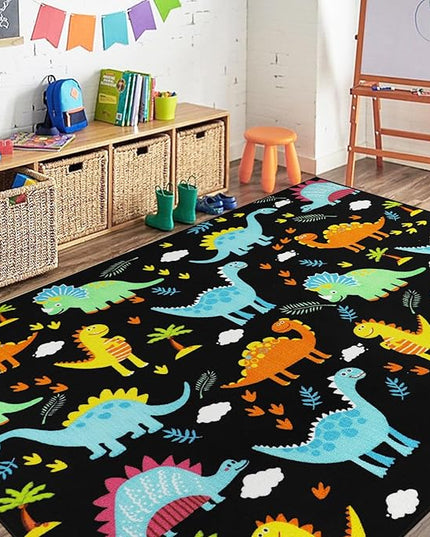 Capslpad Black Dinosaur Kids Play Rugs for Boys Bedroom Cute Cartoon Dinosaur Decor Kids Area Rug Non-Slip Washable Dinosaur Carpet Rugs for Kids Room,Playroom,Boys Bedroom,5'×6.6' - LeafyLoom