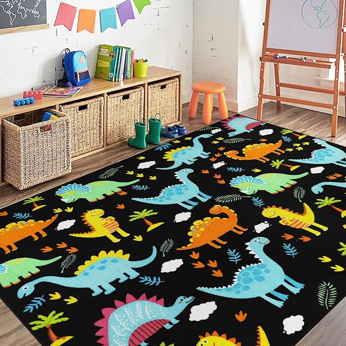 Capslpad Black Dinosaur Kids Play Rugs for Boys Bedroom Cute Cartoon Dinosaur Decor Kids Area Rug Non-Slip Washable Dinosaur Carpet Rugs for Kids Room,Playroom,Boys Bedroom,5'×6.6' - LeafyLoom