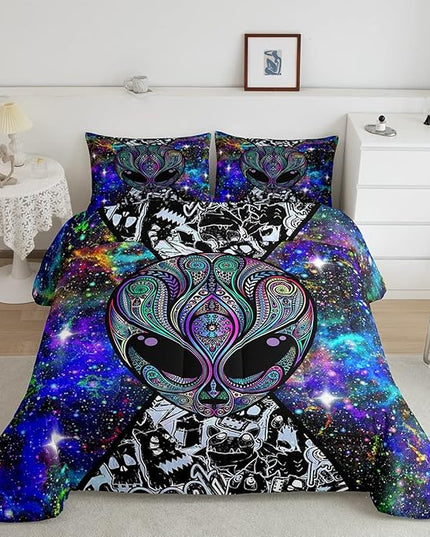 Feelyou Alien Printed Comforter Kids Galaxy Outer Space Themed Bedding Set Boys Girls Trippy Alien Hippie Skull Decor Comforter Set Colorful Tie Dye Quilted Duvet Bedroom Bed Set Full Size… - LeafyLoom