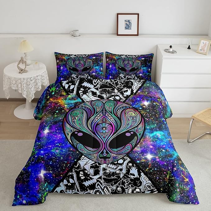 Feelyou Alien Printed Comforter Kids Galaxy Outer Space Themed Bedding Set Boys Girls Trippy Alien Hippie Skull Decor Comforter Set Colorful Tie Dye Quilted Duvet Bedroom Bed Set Full Size… - LeafyLoom