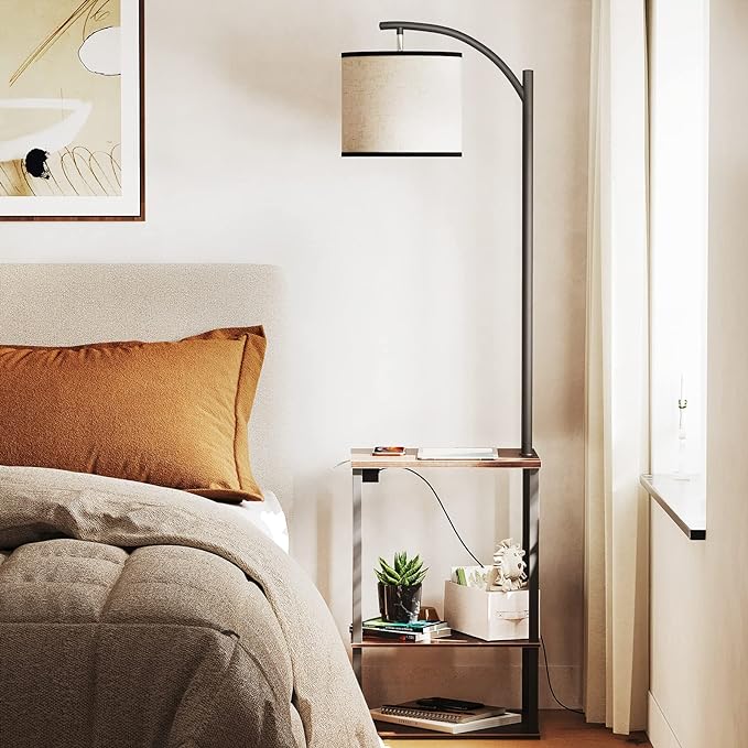 SUNMORY Floor Lamp with Charging Station(USB & AC Port), Rustic End Table Lamp with Shelves & 3-Color Temperature LED Bulb, Lamp Table for Living Room, Walnut - LeafyLoom