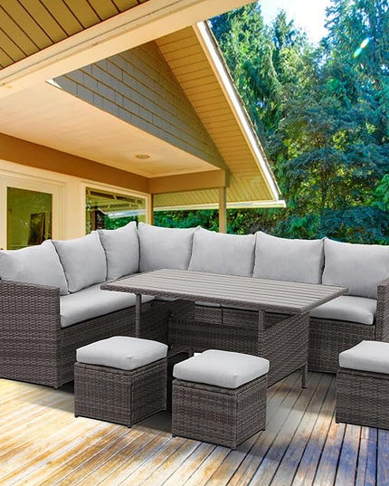 Solaste 7 Piece Patio Furniture Set, All Weather Wicker Patio Conversation Sets with Cushion Seat & Pillows, Outdoor Dining Set, Patio Furniture Outdoor Sectional, Grey - LeafyLoom
