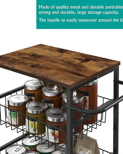 Kitchen Storage Cart on Wheels 4 Tier Utility Rolling Cart with Baskets Farmhouse Serving Cart with Handle Mesh Basket Pantry Cart Rack with Wooden Tabletop for Pantry Bathroom Office, Brown - LeafyLoom