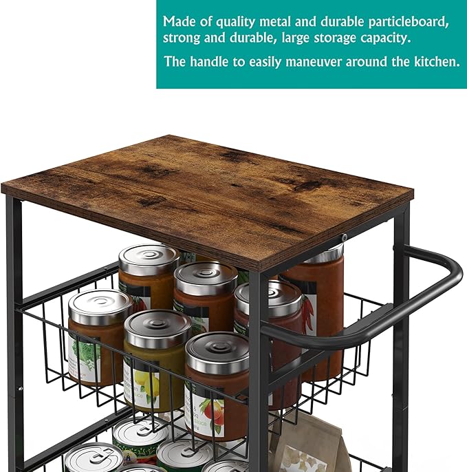 Kitchen Storage Cart on Wheels 4 Tier Utility Rolling Cart with Baskets Farmhouse Serving Cart with Handle Mesh Basket Pantry Cart Rack with Wooden Tabletop for Pantry Bathroom Office, Brown - LeafyLoom