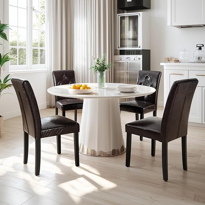 VECELO Upholstered Dining Chairs Set of 2 Modern PU Leather and Solid Wood Legs & High Back, Parsons for Kitchen/Living Room-Coffee - LeafyLoom