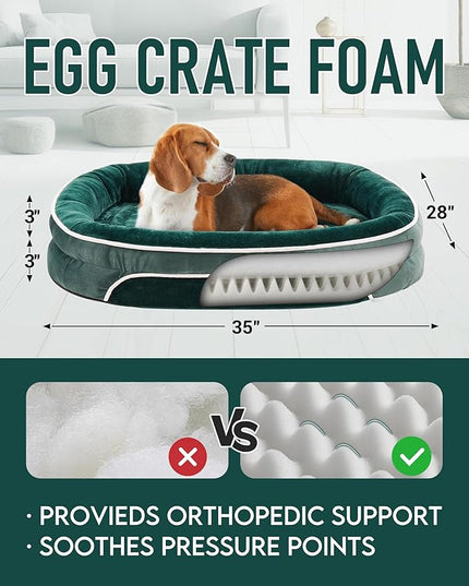 OhGeni Orthopedic Dog Bed Couch for Large Sized Pets with Egg Foam Support, Four-Sided Bolster Cushions, Soft Tear-Resistant Fabric, and Removable Machine Washable Plush Cover 35-Inch (Dark Green) OhGeni