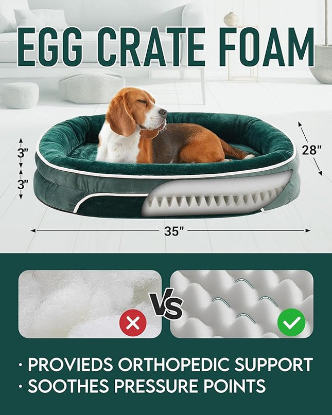 OhGeni Orthopedic Dog Bed Couch for Large Sized Pets with Egg Foam Support, Four-Sided Bolster Cushions, Soft Tear-Resistant Fabric, and Removable Machine Washable Plush Cover 35-Inch (Dark Green) OhGeni