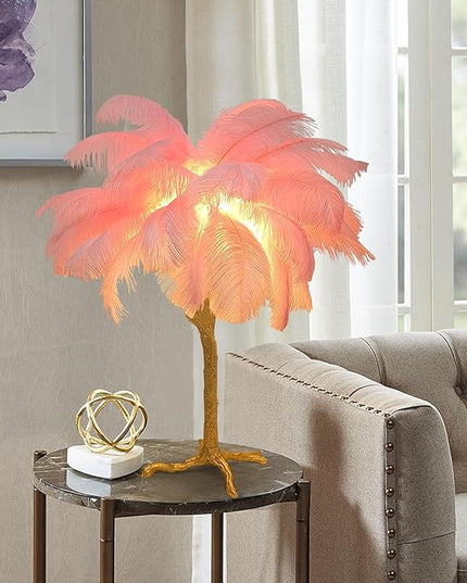 Ostrich Feather Desk Lamp Bedside Pink Cute Lamp Gold Resin Table Lamp, Coconut Tree Feather Lamp for Bedroom Living Room Hallway Wedding Girls Bedroom Night Light G4 Base - LeafyLoom