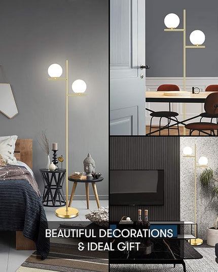 Mid Century Floor Lamp - 2 Globe Modern Standing Lamp with Foot Pedal, Frosted Glass Stand Up Lights for Living Room, Bedroom, Office, Contemporary LED Antique Brass|Gold Tall Pole Light Indoor - LeafyLoom