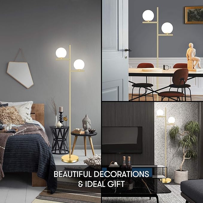 Mid Century Floor Lamp - 2 Globe Modern Standing Lamp with Foot Pedal, Frosted Glass Stand Up Lights for Living Room, Bedroom, Office, Contemporary LED Antique Brass|Gold Tall Pole Light Indoor - LeafyLoom