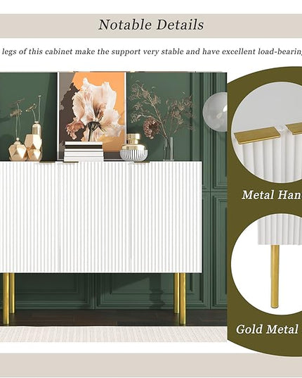 Modern Simple Sideboard with Particle Board & MDF,Luxury Style Buffet Cabinet,W/Gold Metal Legs and Handles,Adjustable Shelves,for Kitchen,Dining Room,White, 47.2" - LeafyLoom