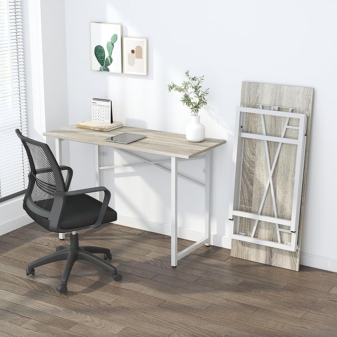 Folding Desk 47 inch No Assembly Required Home Office Table, Writing Gaming Computer Camping Desk, Beige - LeafyLoom