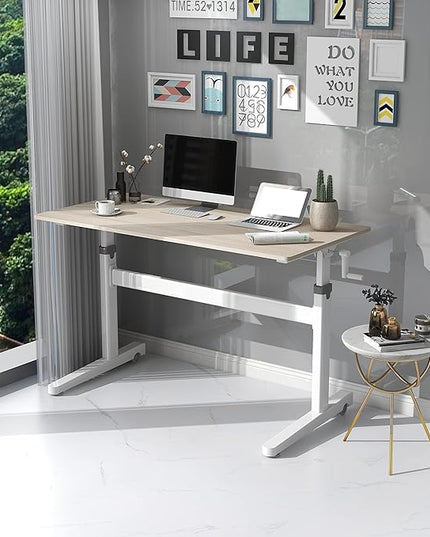 Manual Standing Desk Adjustable Height- Crank Mobile Standing Desk 55 x 24 Inches Sit Stand Desk Frame & Top, Stand Up Desk on Wheels, Computer Desk White Frame & Maple - LeafyLoom