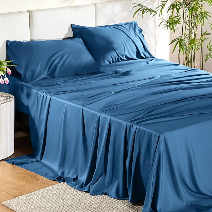 Bedsure King Size Sheet Set, Cooling Sheets King, Rayon Derived from Bamboo, Deep Pocket Up to 16", Breathable & Soft Bed Sheets, Hotel Luxury Silky Bedding Sheets & Pillowcases, Peacock Blue - LeafyLoom