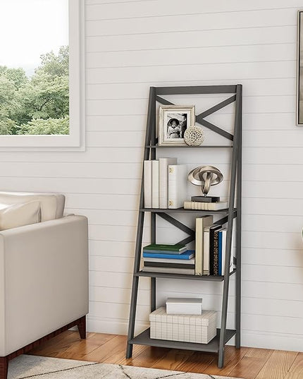 Lavish Home 4-Tier Ladder Bookshelf - Freestanding Shelved Bookcase with X-Back Frame and Leaning Look - Display Shelves for Home and Office (Gray) - LeafyLoom