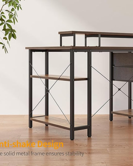 CubiCubi L Shaped Computer Desk with Monitor Stand & Shelves, 47 Inch Corner Home Office Desk Writing Table with Storage Drawer, Brown - LeafyLoom
