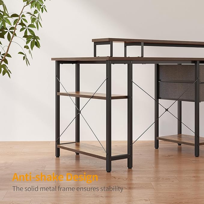 CubiCubi L Shaped Computer Desk with Monitor Stand & Shelves, 47 Inch Corner Home Office Desk Writing Table with Storage Drawer, Brown - LeafyLoom