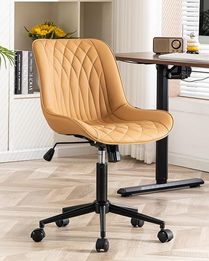 YOUNIKE Armless Office Chair with Wheels Tan Desk Chair Swivel Rolling Computer Task Chair with Back Upholstered Faux Leather Rocking Gaming Chair Height Adjustable Modern Ergonomic Wide Seat - LeafyLoom