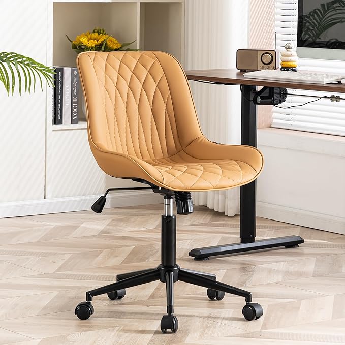YOUNIKE Armless Office Chair with Wheels Tan Desk Chair Swivel Rolling Computer Task Chair with Back Upholstered Faux Leather Rocking Gaming Chair Height Adjustable Modern Ergonomic Wide Seat - LeafyLoom
