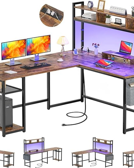 Aheaplus L Shaped Desk with Power Outlet & LED Strip, Reversible L-Shaped Corner Computer Desks Gaming Desk with Storage Shelf & Monitor Stand, Modern Home Office Desk, Writing Desk, Rustic Brown - LeafyLoom