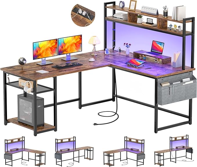 Aheaplus L Shaped Desk with Power Outlet & LED Strip, Reversible L-Shaped Corner Computer Desks Gaming Desk with Storage Shelf & Monitor Stand, Modern Home Office Desk, Writing Desk, Rustic Brown - LeafyLoom