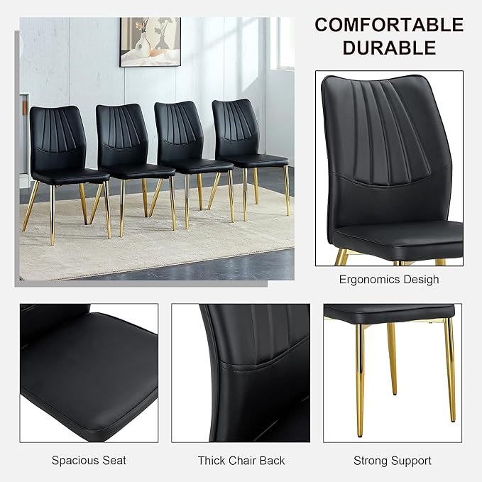 NicBex Dining Chairs Set of 4 Modern Faux Leather High Back Dining Chair Dining Room Kitchen Chairs with Golden Metal Legs,Chairs for Dining Room, Kitchen,Living Room, and Restaurants,Black - LeafyLoom