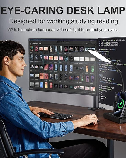 comzler LED Desk Lamp with Wireless Charger,Small Desk Lamps with Pen Phone Holder, Black Desk Lamp for for Home Office,8W 3 Modes Dimmable Touch Lamp, Desktop Study Lamps for College Dorm Room - LeafyLoom