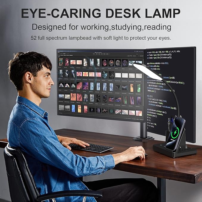 comzler LED Desk Lamp with Wireless Charger,Small Desk Lamps with Pen Phone Holder, Black Desk Lamp for for Home Office,8W 3 Modes Dimmable Touch Lamp, Desktop Study Lamps for College Dorm Room - LeafyLoom