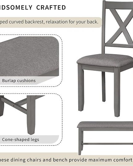 Piece Rustic Farmhouse Dining 6, Wooden Rectangular Kitchen Table with 4 Fabric Chairs and Bench, Ideal Family Furniture Set, Gray, 7 - LeafyLoom