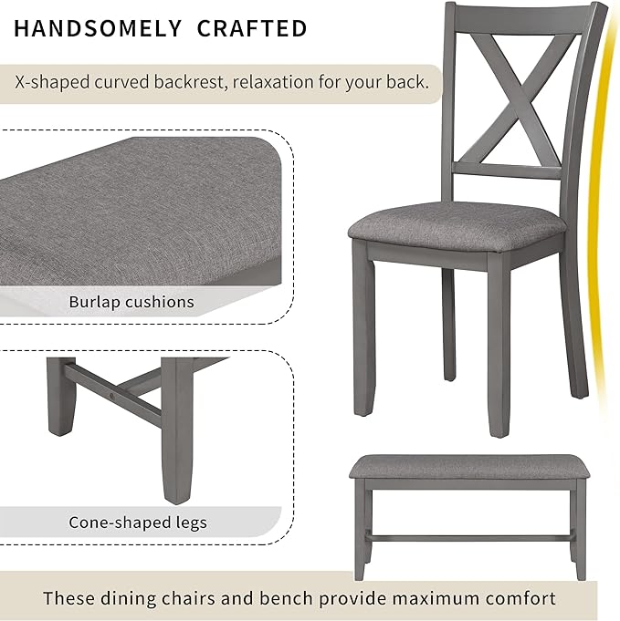 6-Piece Wooden Rectangular Dining Table Set with Bench and 4 Upholstered Chairs for Kitchen Living Room, Farmhouse Rustic Style, Gray, 60''L x 36''W x 30''H - LeafyLoom