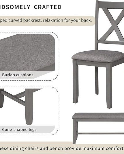 Dining Table Set for 6, Wood Rectangular Dining Table and 4 Fabric Chairs & Bench, 6-Piece Kitchen Table Set for Dining Room and Living Room, Charcoal Grey - LeafyLoom