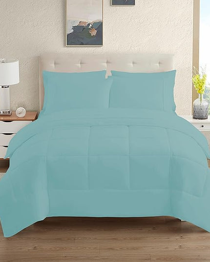 Dorm Room Essentials College Bedding Comforter Set 5 Piece Twin Size Bed in a Bag for College Students Boys and Girls, Twin, Misty Blue - LeafyLoom