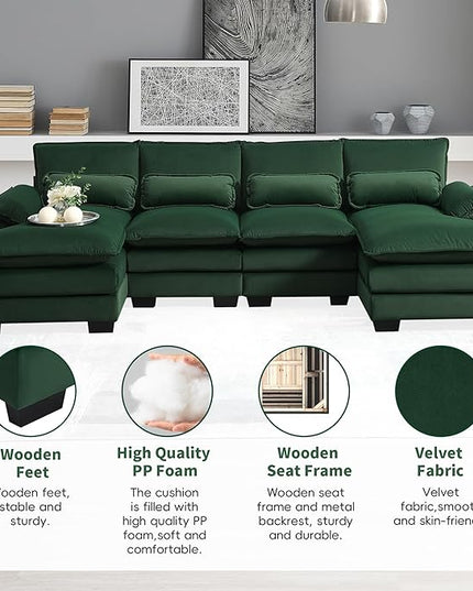 Symmetrical Modular Sectional Sofa with Chaise Lounge, 6 Seater Velvet Upholstered Cloud Couch, U Shaped Oversized Sleeper Sofa&Couches with Thicked Cushion & Detackable Backrest Living Room - LeafyLoom